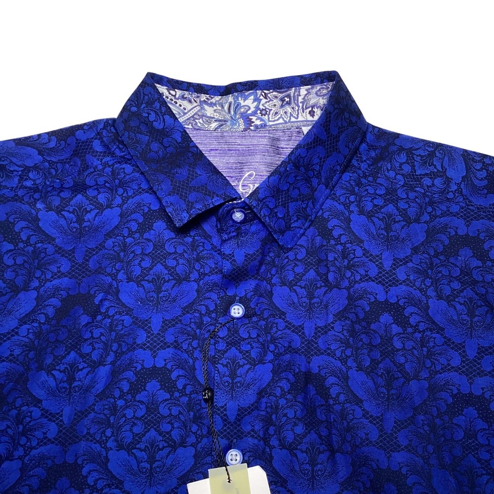 Robert Graham L Bayview Navy Blue Damask Jacquard Short Sleeve Shirt RSS222000CF